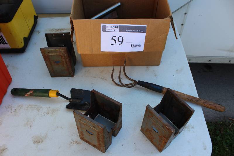 lot 59 image: Box Lot Including Hand Rake Hand Shovel Metal Stands And More.