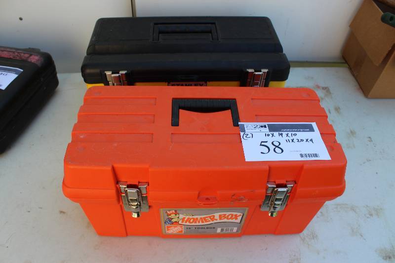 lot 58 image: Lot of (2) Plastic Tool Boxes wClasping Lids 10 x 19 x 10 11 x 20 x 9.