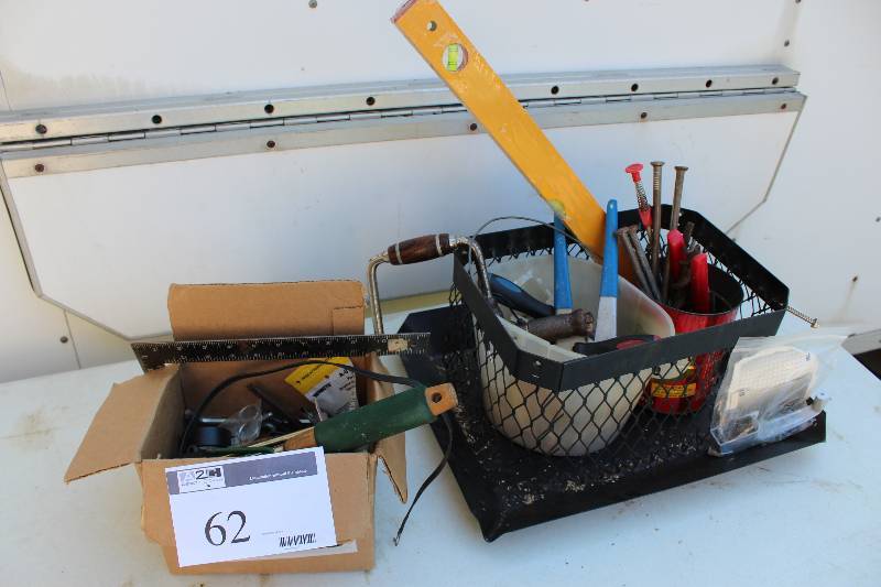 lot 62 image: Table Lot Including Screw Drivers Hand Rake L-Shaped Ruler And More.