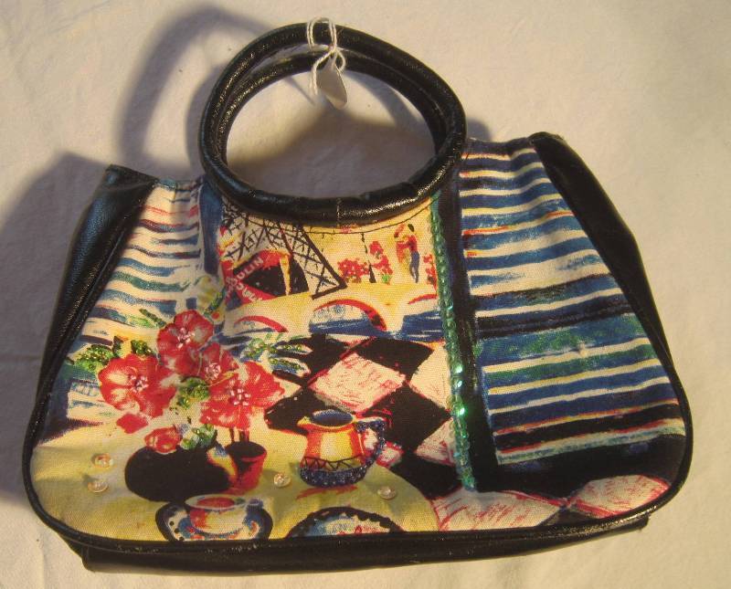 NEW Purse Colorful Flowers, Table and Coffee Pot Checker Inside