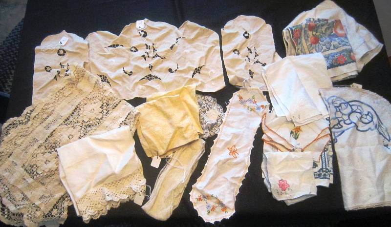 16 Pieces of Vintage Linens - Towels, Hankies, Napkins, Doilies, Arm Chair Covers, Runners