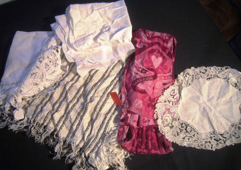 Black and White Scarf or Tablecloth, Burgundy Scarf, Doilies & 2 Hankies