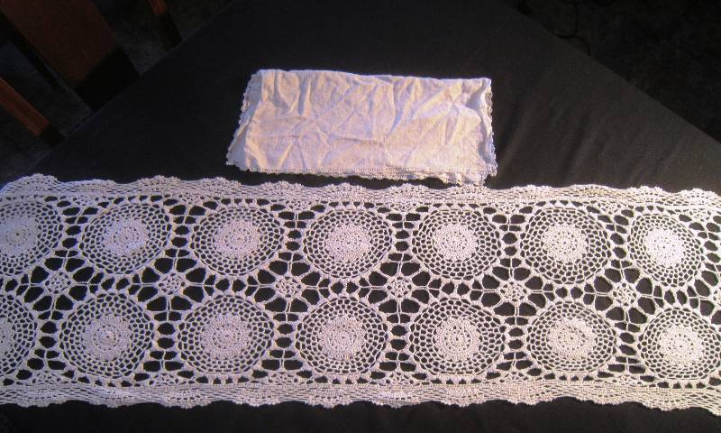 Crocheted Table Runner White and Lace Corner Linen