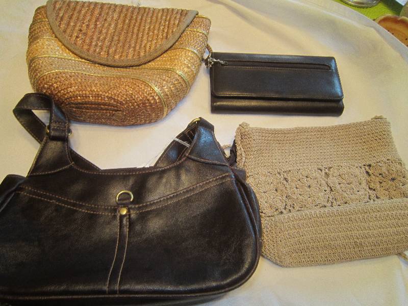4 Item - Brown Billfold, Tan Crocheted Purse, Tan and Gold Straw Purse, Brown Purse