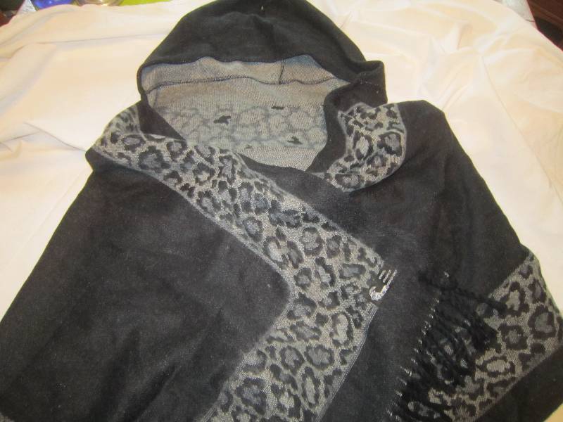 NEW  Designer Hooded Black and Grey Wool Shawl