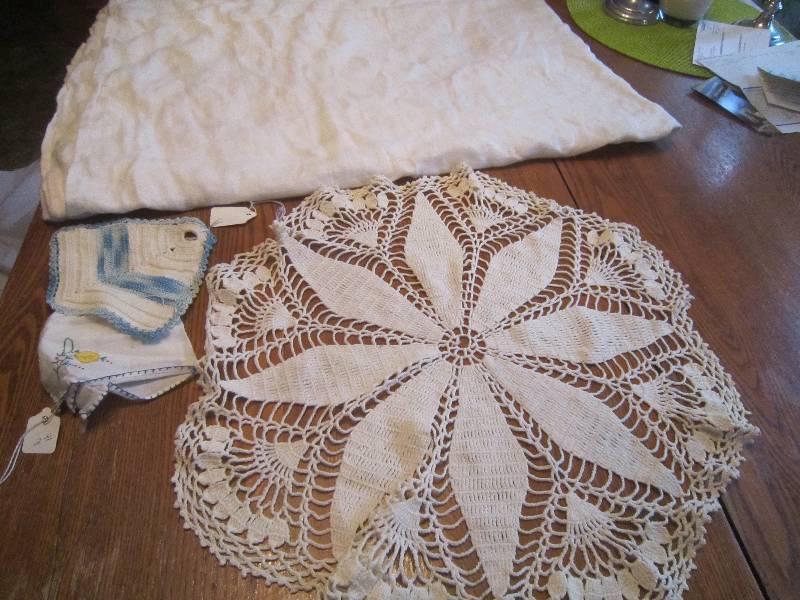 Vintage Crocheted Doily, Hanky, Hot Pad & Lg Tablecloth - 4 Pieces