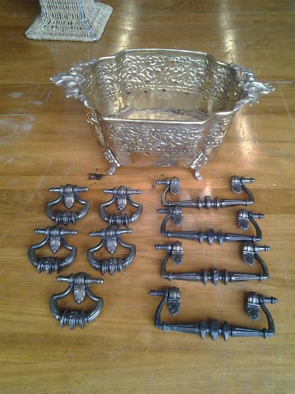Footed Brass Pot & Assorted Cabinet Hardware