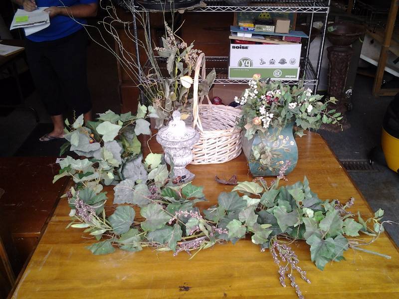 Footed Metal Pot, Basket, Urn & Assorted Greenery