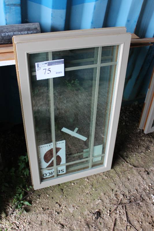 lot 75 image: Lot of (2) Glass Windows wEncasement & Decorative Grid 19 x 36.