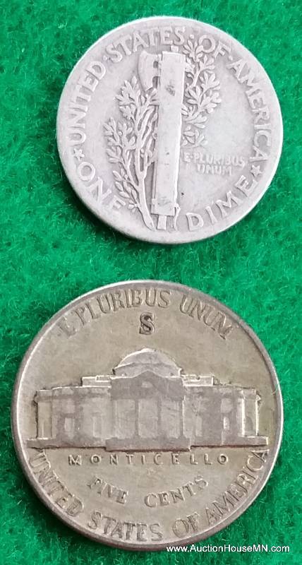 1942 Mercury Silver Dime  1943 S Silver War Nickel