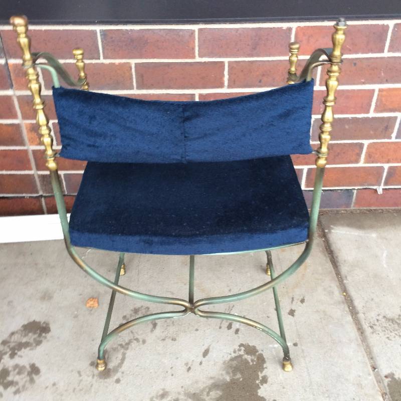 Jacobean Elizabethan Heavy Metal Brass & Royal Blue Fabric Napoleon Throne Room Chair