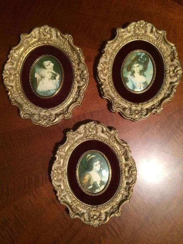 3 Vintage Victorian Cameo Creations Wall Art with Thick Ornate Gold Scroll Gesso Frames Gorgeous