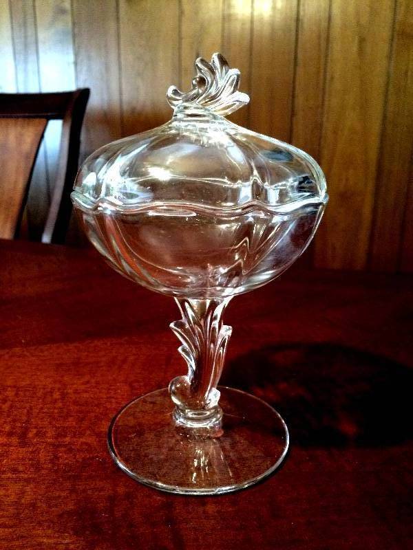 Vintage FOSTORIA Crystal Candy Dish Baroque Footed Jelly Sweetmeat Bowl with Lid  Cover