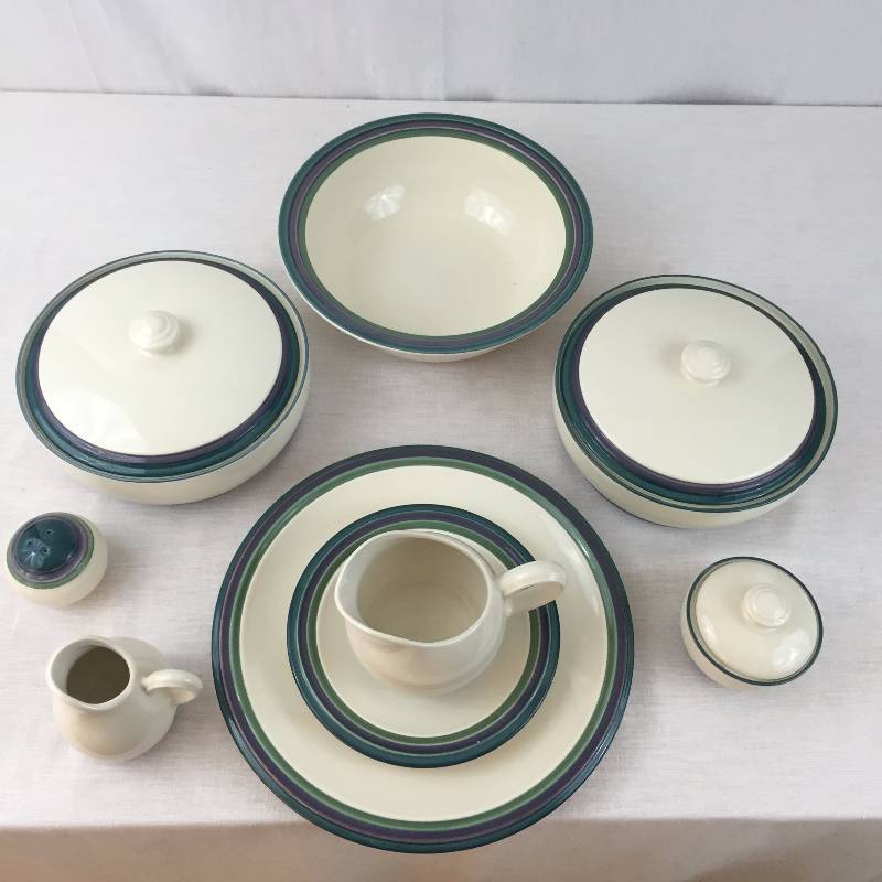 Pfaltzgraff USA MOUNTAIN SHADOW Serving Pieces Set Teal Purple Green Rings Excellent