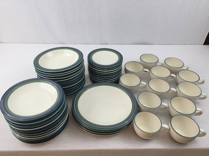 55 Piece Pfaltzgraff USA MOUNTAIN SHADOW Dinnerware Set Teal Purple Green Rings Excellent Dinner & Salad Plates ETC