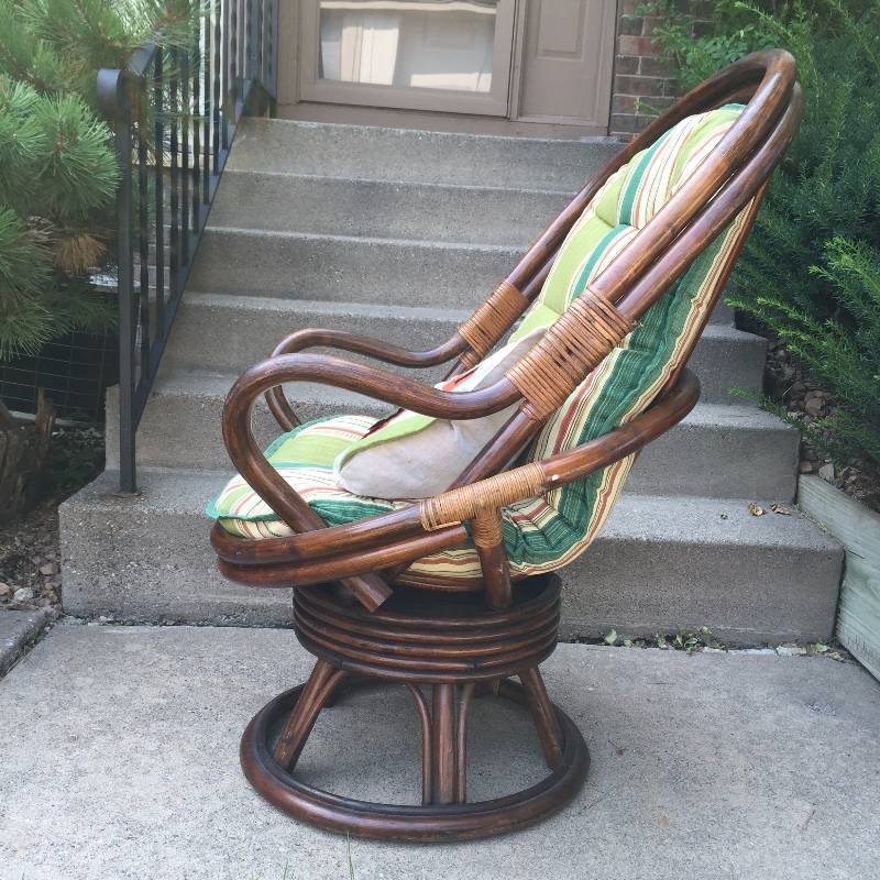 Retro Mid Century Modern Bamboo Rattan Cane Bentwood Swivel Egg Pod Chair With 60s Cushion & Owl Pillow