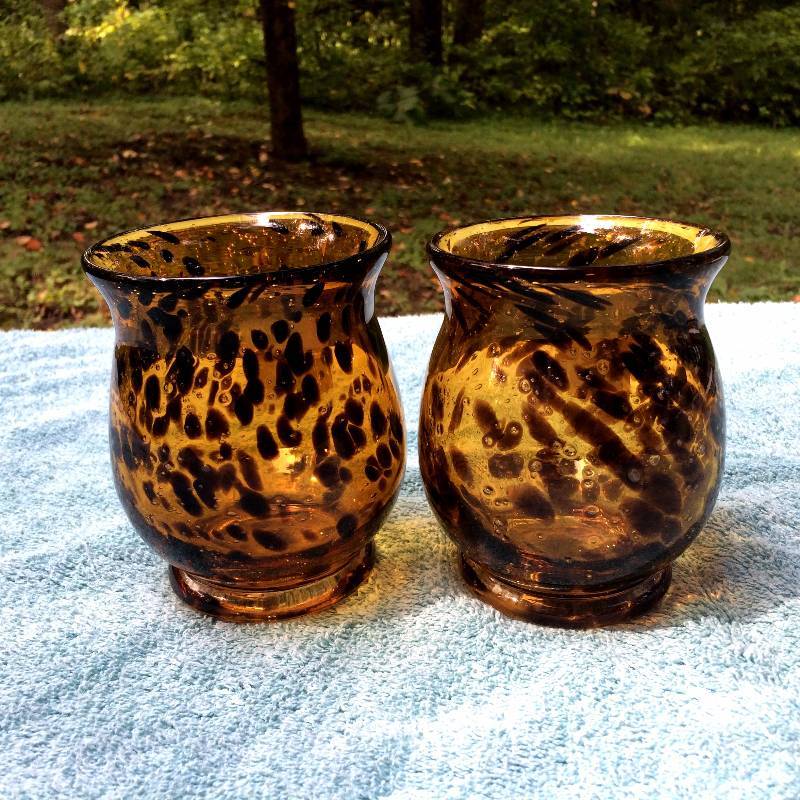 Pair Large Hand Blown Amber Tortoise Shell Leopard Print Studio