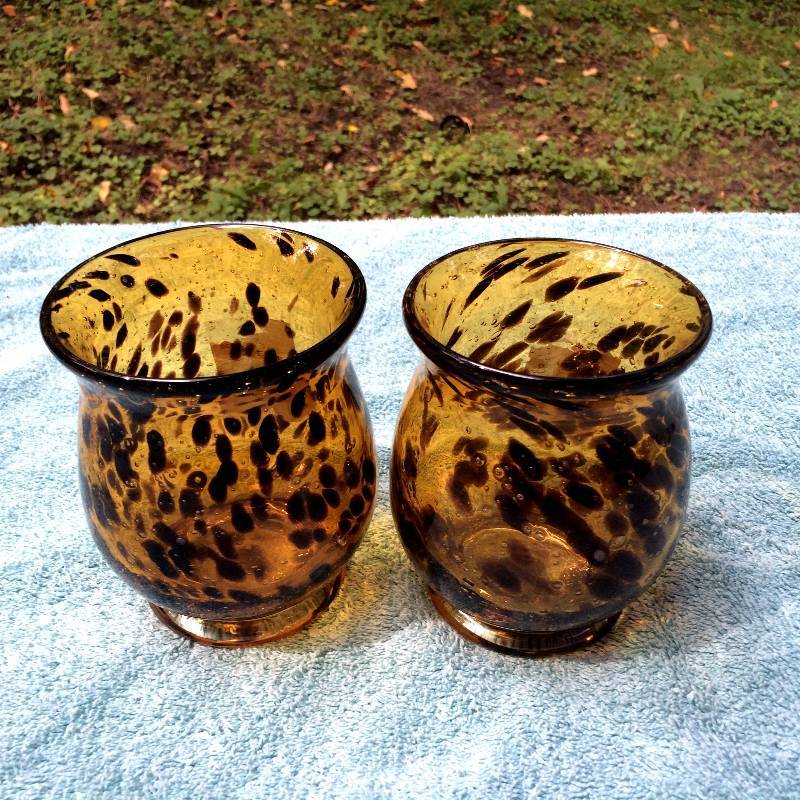 Pair Large Hand Blown Amber Tortoise Shell Leopard Print Studio Art Glass Vases