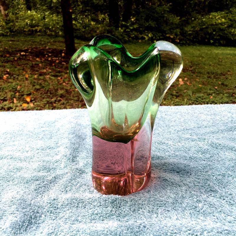 Spectacular Vintage 1960s Chribska Bohemian Czech Art Glass Vase Pink Green Josef Hospodka - Large & Heavy
