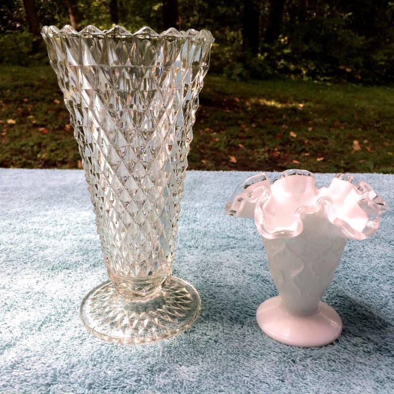 2 Vases - VINTAGE INDIANA DIAMOND POINT SAWTOOTH GLASS FLARED TRUMPET VASE FOOTED & Vintage Fenton Milk Glass Ruffled Spanish Lace Vase Silver Crest Raised Pattern