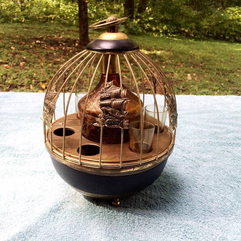 Unique Vintage Nautical Barware Set Decanter in Musical Metal Brass Cage with Shot Glasses & Music box