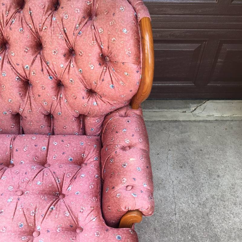 Retro Vintage Shabby Victorian Parlor Chic Tufted Floral & Wood Loveseat Sofa Couch by England Furniture Company