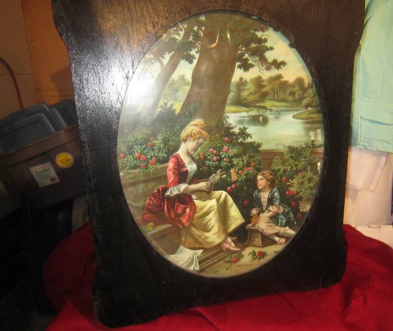 lot 255 image: Antique Picture of Girl Playing Mandolin - Black Frame