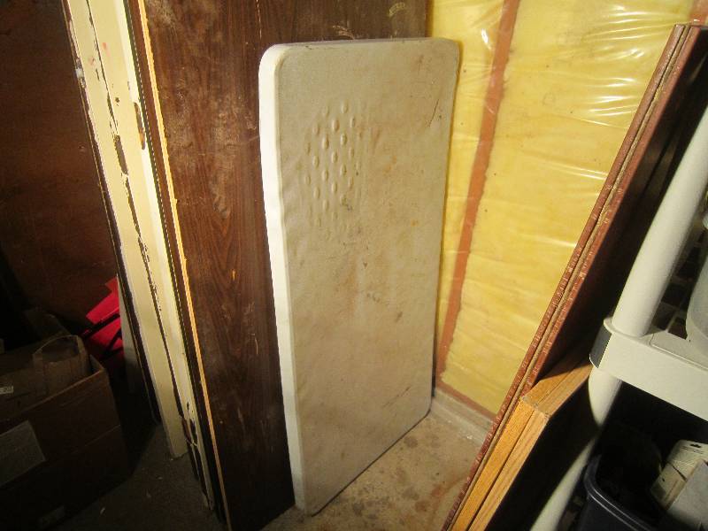 lot 309 image: White Plastic Folding Table - Has seen its better days but if you need table space its great 4ft