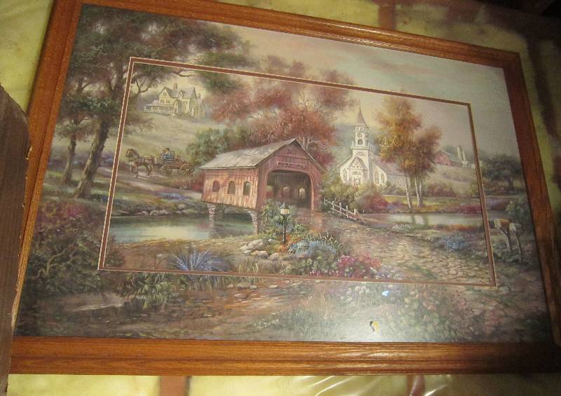lot 314 image: Large Picture Covered Bridge, Horse and Buggy, Church & Farmhouse - Awesome Bleeded Frame