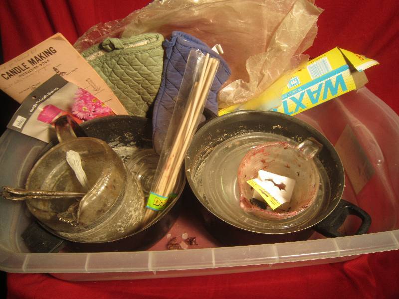 lot 315 image: Candlemaking Kit - Pots, Pans, Wax, Tins, Sticks, Etc