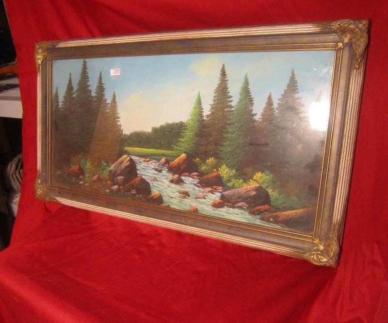 lot 293 image: Antique Picture 32 x 18 Stream Water Color - Very ornate Frame