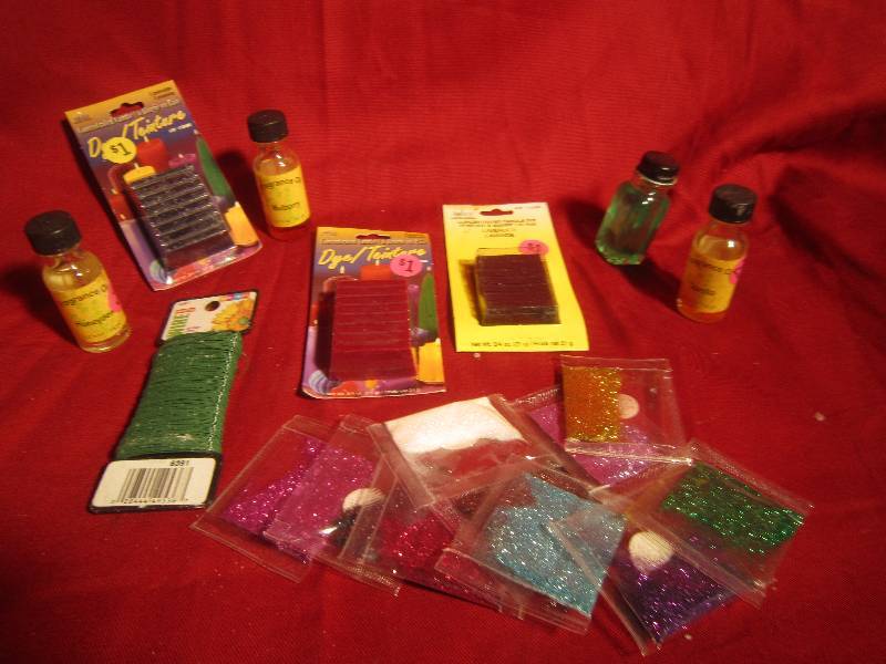 lot 318 image: Candle Making Supplies, Wire, Colors Dies, Glitter, Scents, Etc.
