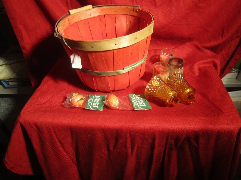 lot 348 image: Apple Basket, Votive Holders, NEW Halloween Pumpkin Orns