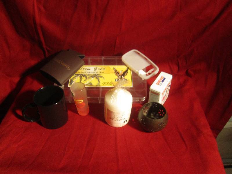 lot 374 image: Misc Lot - Divided Box, Metal Bandaid Box Collectible, Cup, Candle Holders, ETC