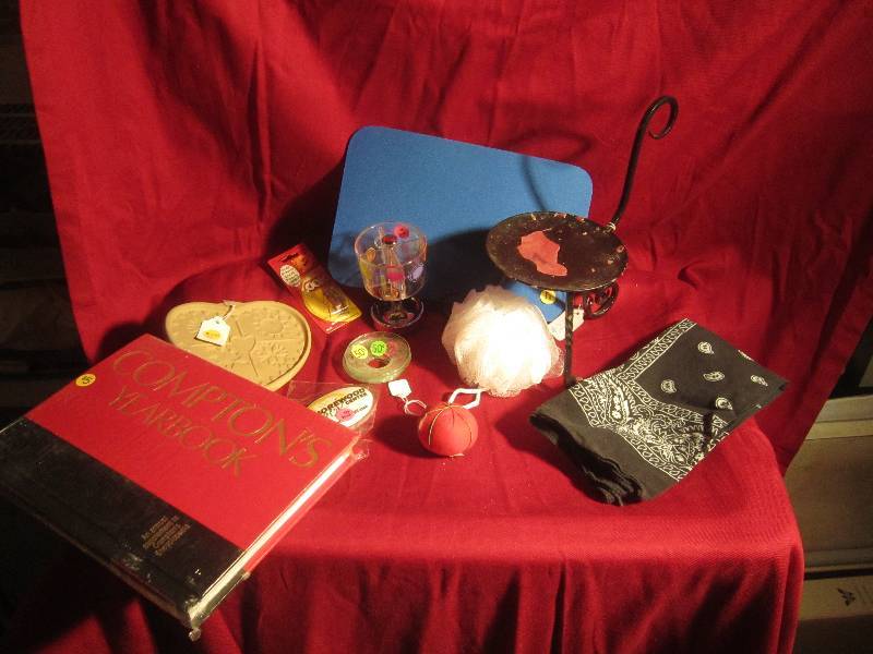 lot 376 image: Misc Lot - Candle Holder, Bag, Book, Hanky, Toothbrush Holder, Mouse Pad, ETC