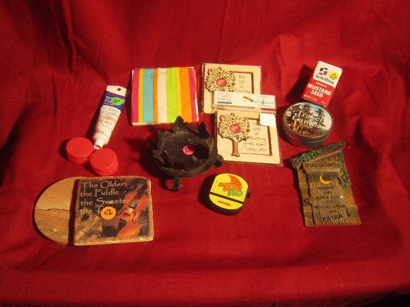 lot 378 image: Misc Lot - Outhouse, Travel Candle, Magnetic Saying, Coasters, Containers, Candle Holder