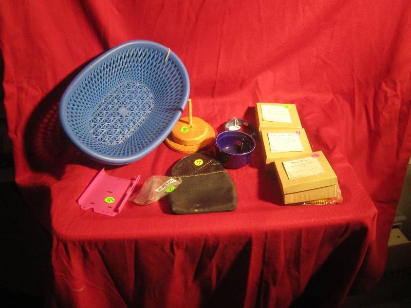 lot 379 image: Misc Lot - 3 Handmade Soap, 4 Lunch Baskets, Cobalt Dish, Doll Stand, Bracelet, Coin Purse, ETC