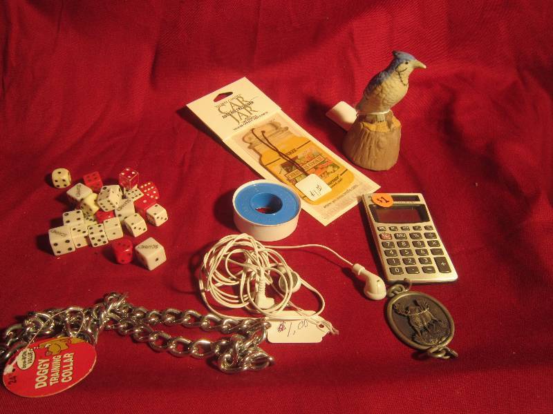 lot 380 image: Misc Lot - Bird Bell, Calculator, Car Freshner, Dog Collar, Dice