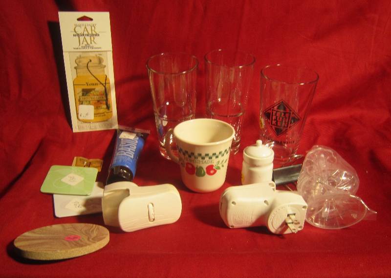 lot 382 image: Misc Lot - Glasses, Coasters, Cute Little Covered Jar, Car Airfreshener, Glade, ETC