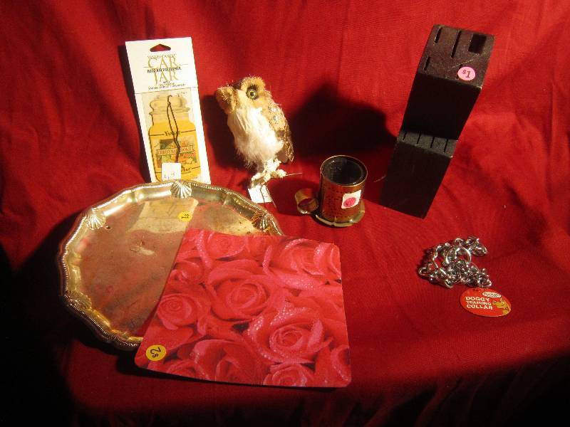 lot 384 image: Misc Lot - Owl, Knife holder, Silver Plate, Votive Candleholder, Dog Chain, ETC