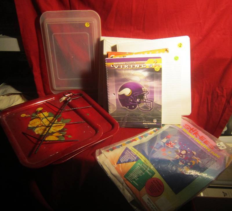 lot 387 image: Misc Lot - 3 - 3 Ring Binders, Country LIving Mags, Spiral Vikings Notepad, Vintage Tin Trays, ETC
