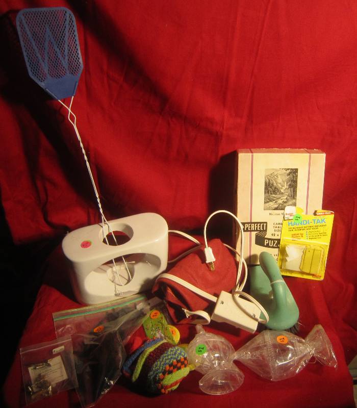 lot 389 image: Misc Lot - Scrub Brush, Fly Swatter, Antique Puzzle, Heating Pad, ETC