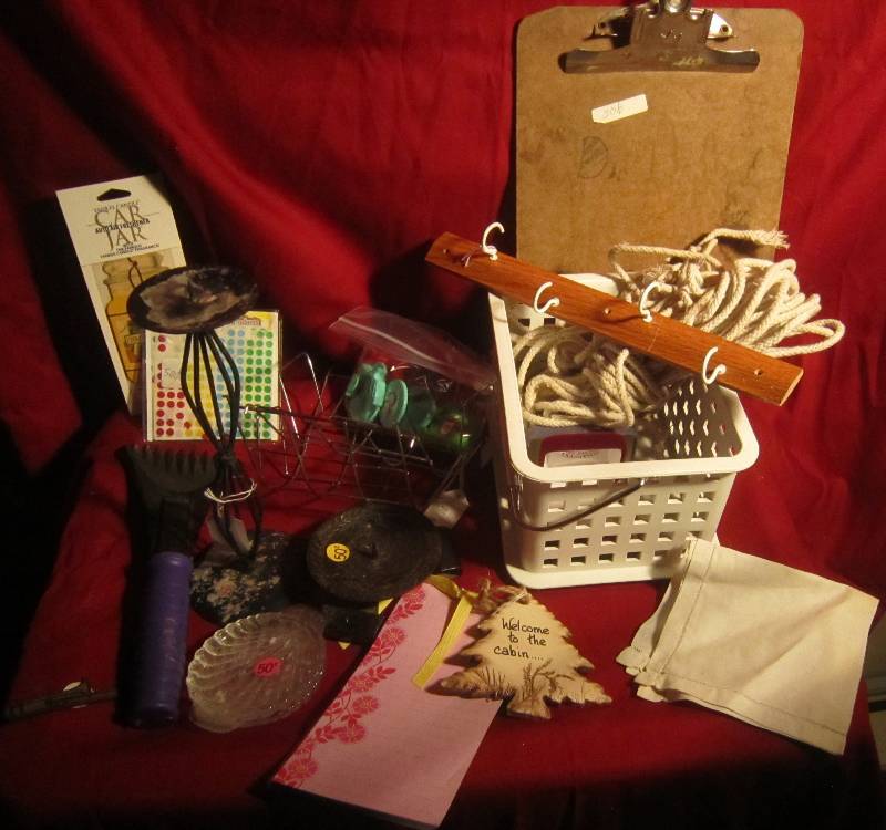 lot 391 image: Misc Lot - Metal Light Covers, White Basket, Scraper, Air Freshner, Candle Holder, Rope, ETC