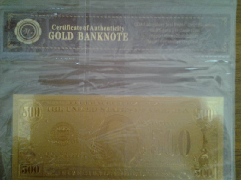 $500 Gold Bank Note With COA