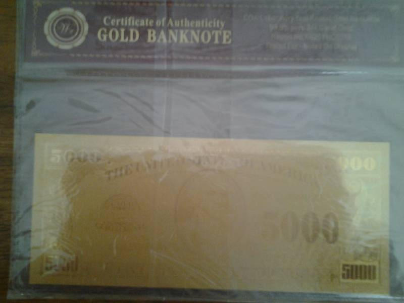 $5000 Gold Bank Note With COA