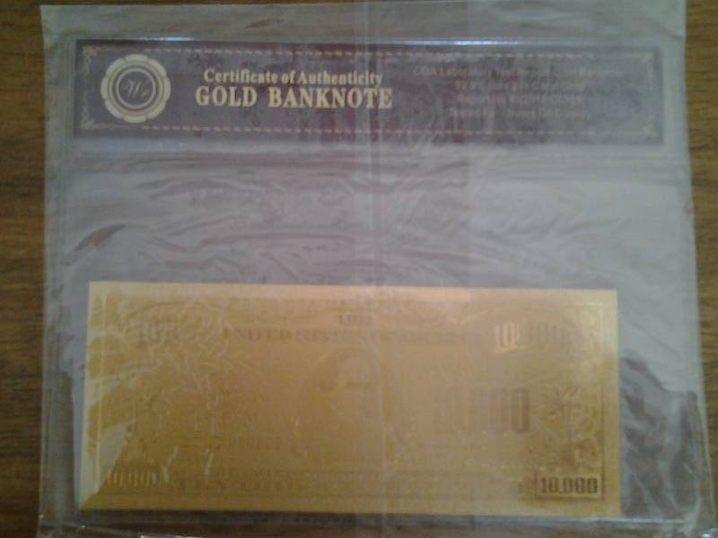 $10,000 Gold Bank Note With COA