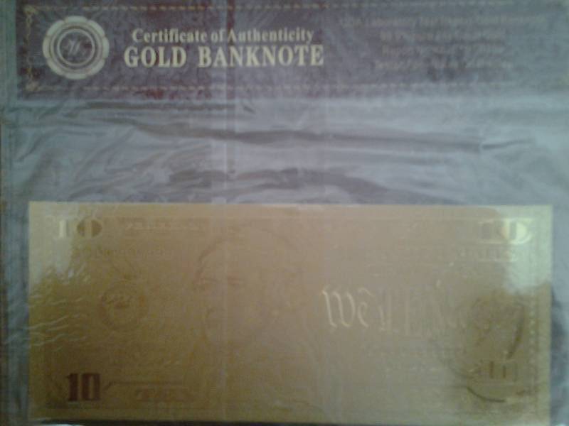 $10 Gold Bank Note With COA