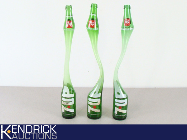 lot 6 image: 3 Vintage 7-UP Blown Stretched Glass Art Bottles