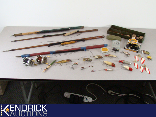 lot 8 image: AntiqueVintage Fishing Poles, Lures, Bobbers etc.