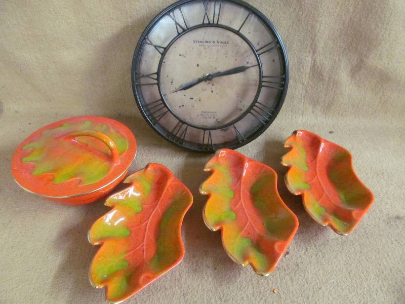 clock, dish and tray
